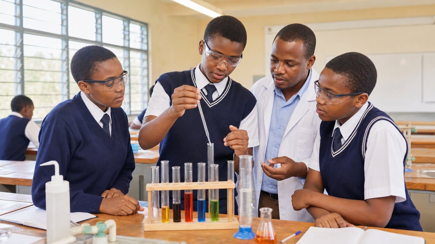Illustrative science classroom with supervised laboratory learning in Tanzania